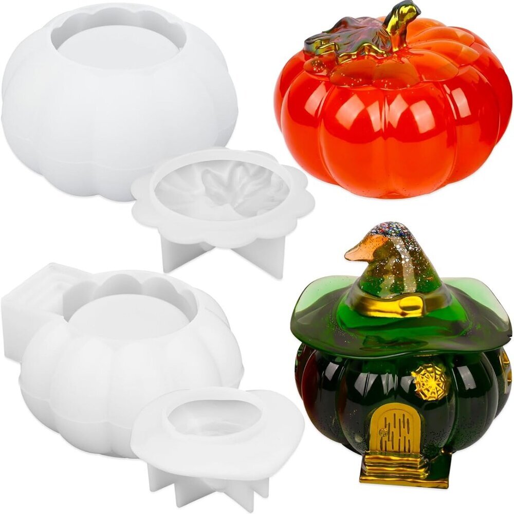 Halloween Resin Molds - 2 Pcs Pumpkin Jar Silicone Molds With Witch Lid for Cast